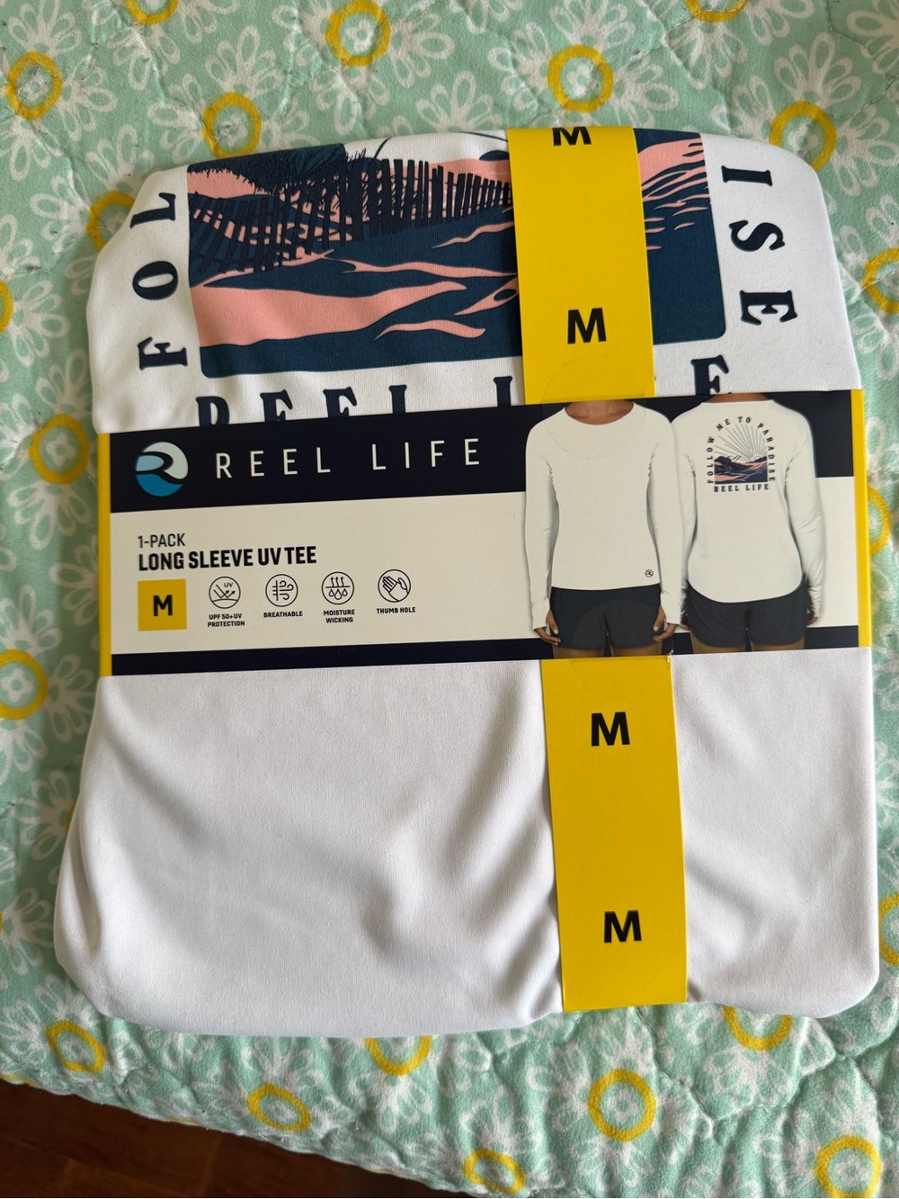 Reel Life Women's Long Sleeve UV Tee - White with Navy & Pink Graphic